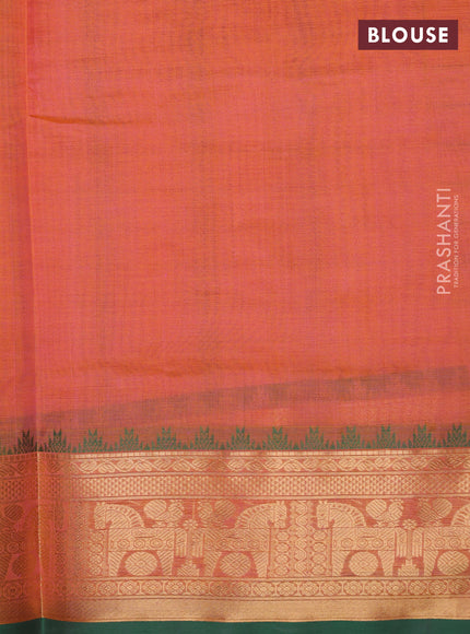 Kanchipuram silk cotton saree dual shade of orange and green with allover thread checks & 1000 buttas and temple design zari woven border