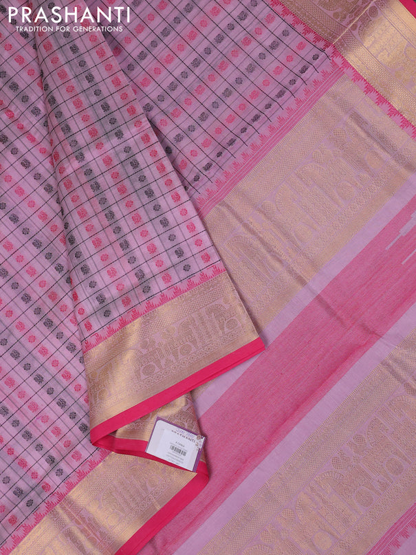 Kanchipuram silk cotton saree mild lavender and pink with allover thread checks & 1000 buttas and temple design zari woven border