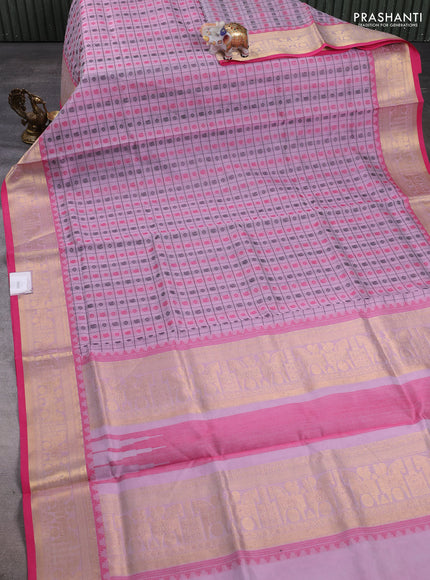 Kanchipuram silk cotton saree mild lavender and pink with allover thread checks & 1000 buttas and temple design zari woven border