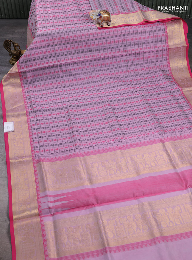Kanchipuram silk cotton saree mild lavender and pink with allover thread checks & 1000 buttas and temple design zari woven border