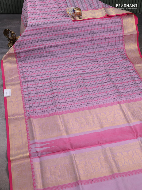Kanchipuram silk cotton saree mild lavender and pink with allover thread checks & 1000 buttas and temple design zari woven border