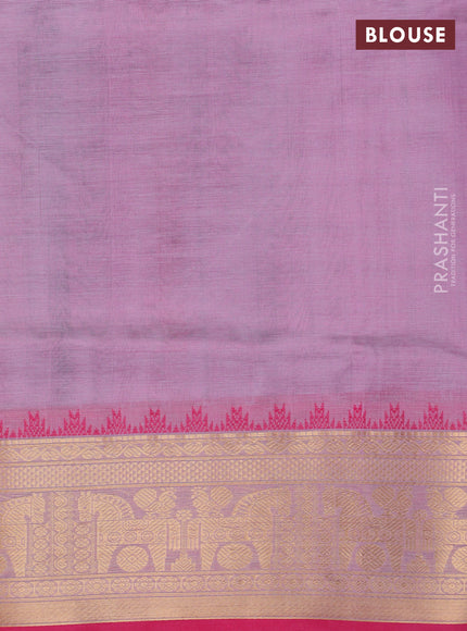 Kanchipuram silk cotton saree mild lavender and pink with allover thread checks & 1000 buttas and temple design zari woven border