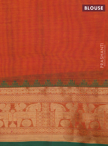 Kanchipuram silk cotton saree dual shade of orange and green with allover thread checks & 1000 buttas and temple design zari woven border