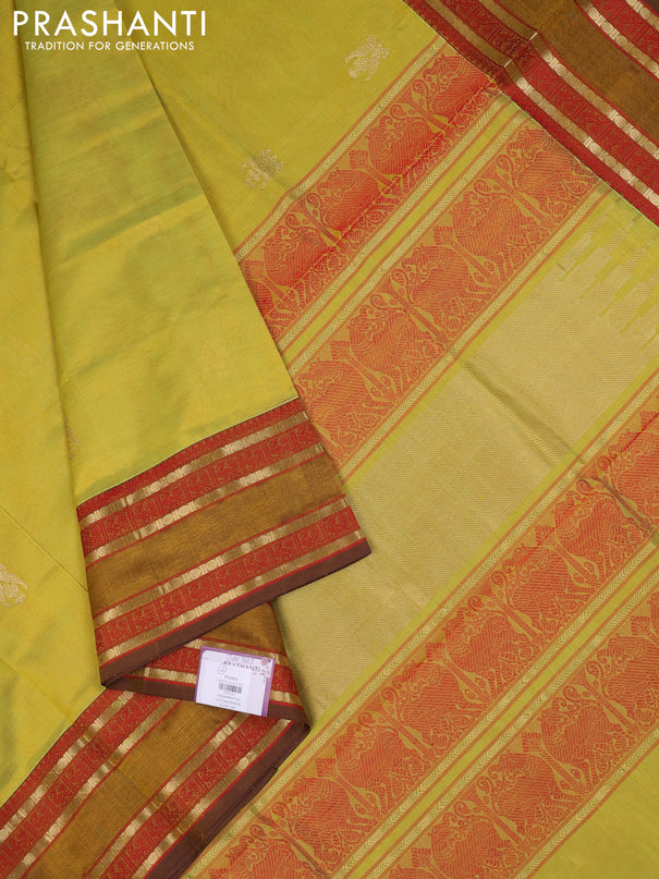 Kanchipuram silk cotton saree lime green and dark mustard with zari woven buttas and rettapet zari woven border