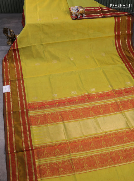 Kanchipuram silk cotton saree lime green and dark mustard with zari woven buttas and rettapet zari woven border