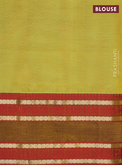 Kanchipuram silk cotton saree lime green and dark mustard with zari woven buttas and rettapet zari woven border