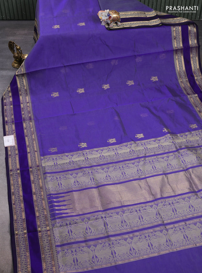 Kanchipuram silk cotton saree blue shade and blue with zari woven buttas and rettapet zari woven border