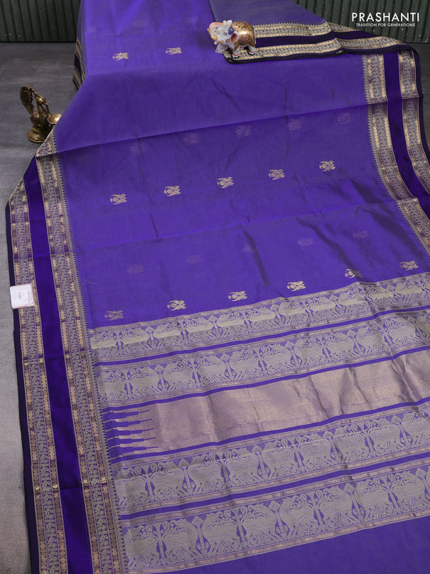 Kanchipuram silk cotton saree blue shade and blue with zari woven buttas and rettapet zari woven border