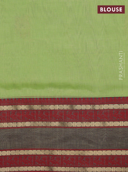 Kanchipuram silk cotton saree pista green and brown with zari woven buttas and rettapet zari woven border