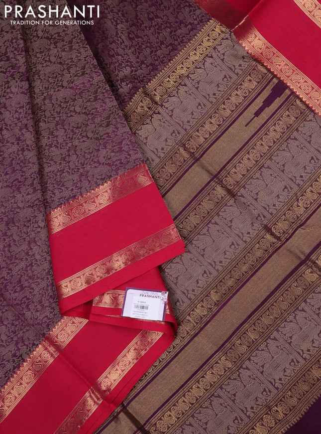 Kanchipuram silk cotton saree wine shade and pink with allover vanasingaram thread weaves and rettapet zari woven border