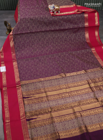 Kanchipuram silk cotton saree wine shade and pink with allover vanasingaram thread weaves and rettapet zari woven border