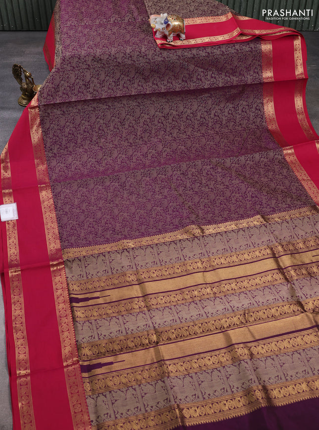 Kanchipuram silk cotton saree wine shade and pink with allover vanasingaram thread weaves and rettapet zari woven border