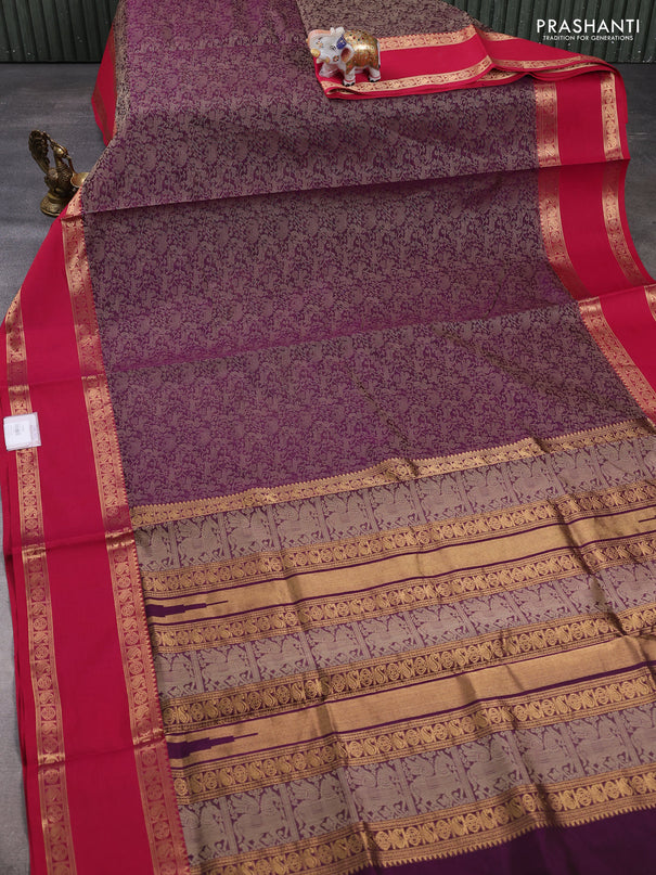Kanchipuram silk cotton saree wine shade and pink with allover vanasingaram thread weaves and rettapet zari woven border