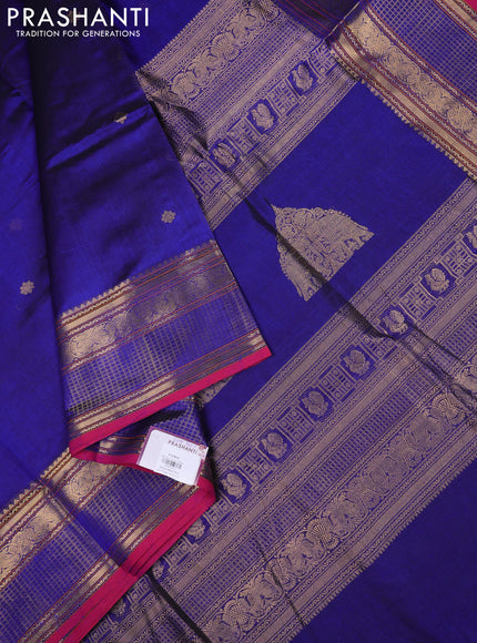 Kanchipuram silk cotton saree blue and pink with zari woven buttas and zari woven checked border