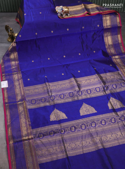 Kanchipuram silk cotton saree blue and pink with zari woven buttas and zari woven checked border
