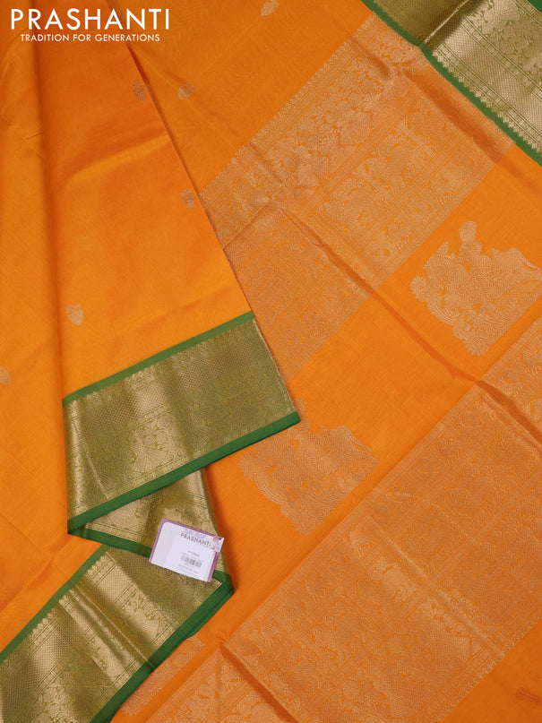 Kanchipuram silk cotton saree mango yellow and green with zari woven buttas and zari woven border
