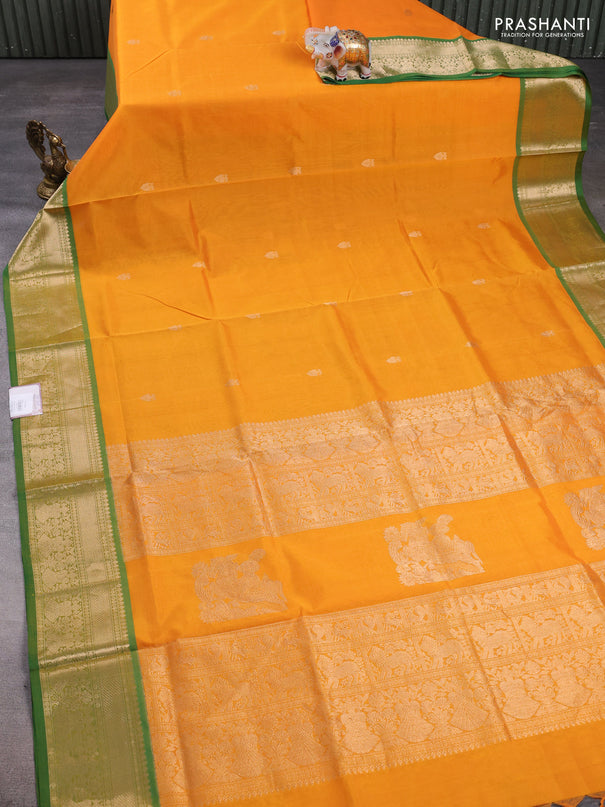 Kanchipuram silk cotton saree mango yellow and green with zari woven buttas and zari woven border