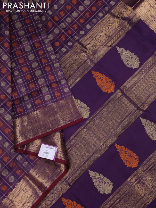 Kanchipuram silk cotton saree violet and maroon with allover thread checks & 1000 buttas and zari woven border