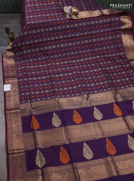 Kanchipuram silk cotton saree violet and maroon with allover thread checks & 1000 buttas and zari woven border