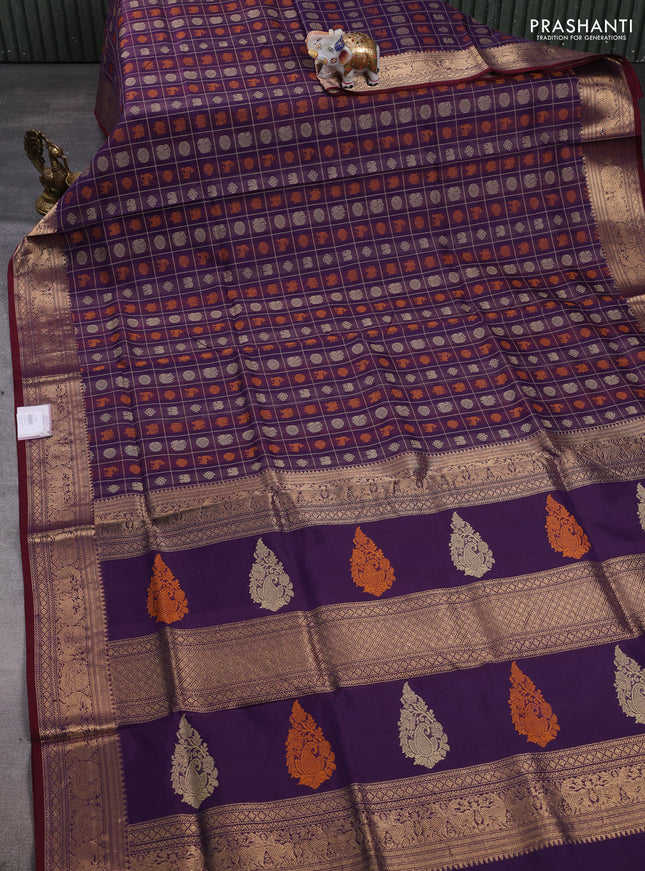 Kanchipuram silk cotton saree violet and maroon with allover thread checks & 1000 buttas and zari woven border