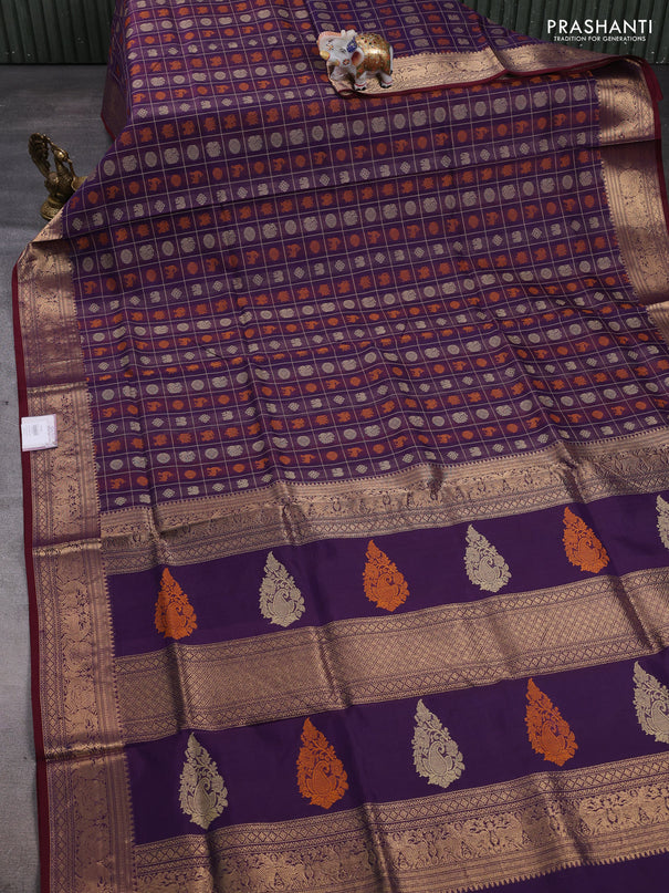 Kanchipuram silk cotton saree violet and maroon with allover thread checks & 1000 buttas and zari woven border