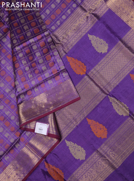 Kanchipuram silk cotton saree lavender and maroon shade with allover thread checks & 1000 buttas and zari woven border