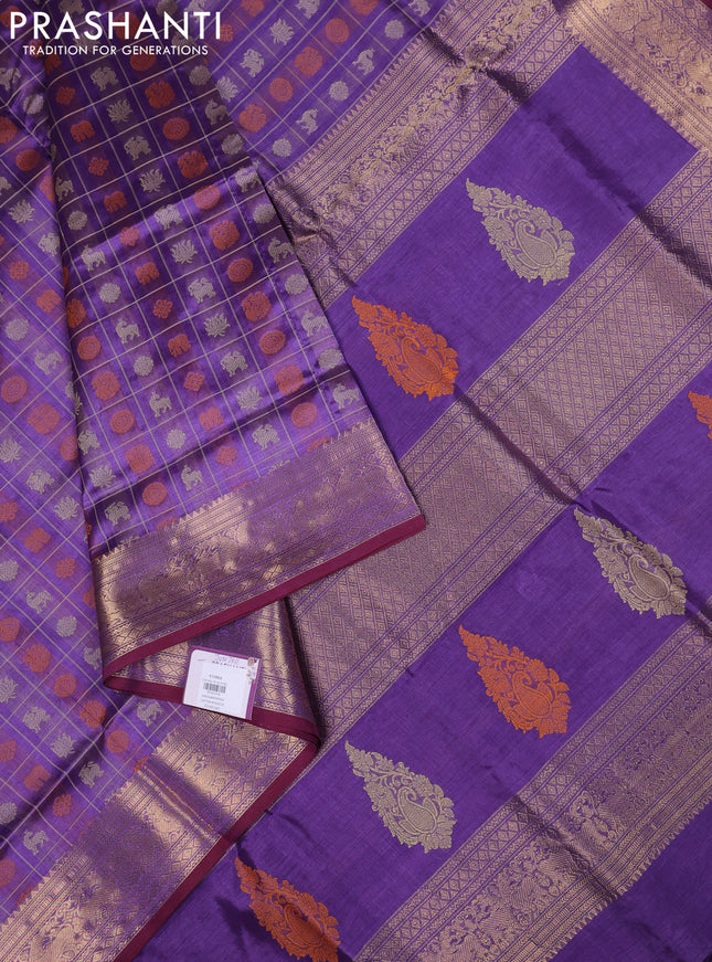 Kanchipuram silk cotton saree lavender and maroon shade with allover thread checks & 1000 buttas and zari woven border