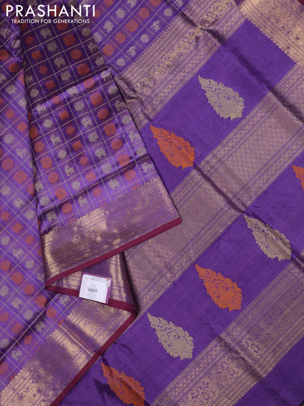 Kanchipuram silk cotton saree lavender and maroon shade with allover thread checks & 1000 buttas and zari woven border