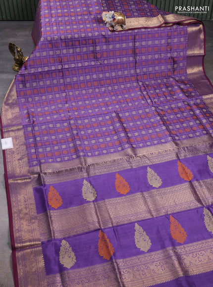 Kanchipuram silk cotton saree lavender and maroon shade with allover thread checks & 1000 buttas and zari woven border