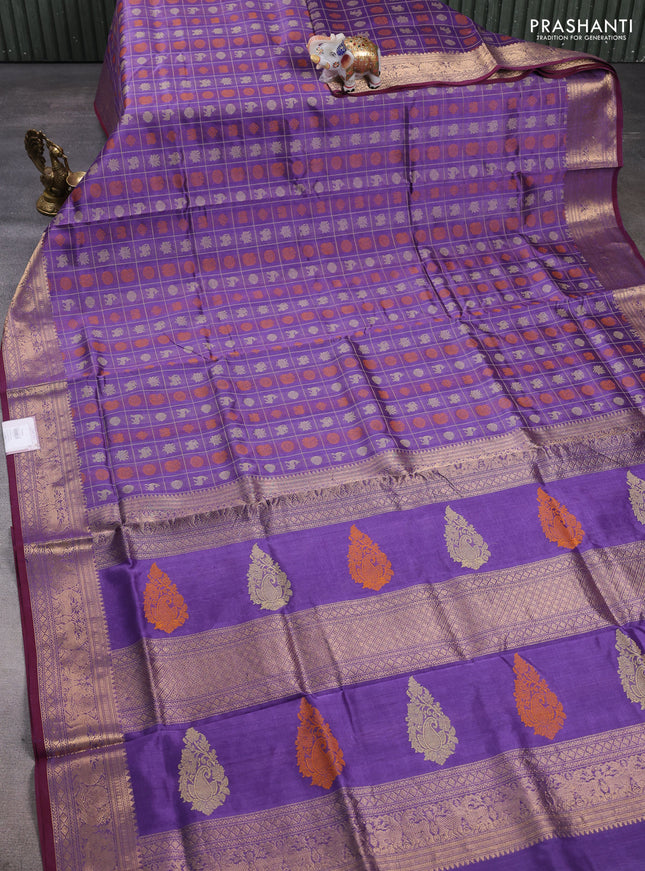 Kanchipuram silk cotton saree lavender and maroon shade with allover thread checks & 1000 buttas and zari woven border