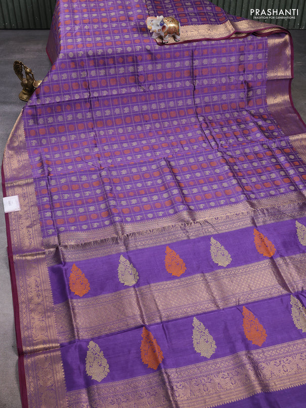 Kanchipuram silk cotton saree lavender and maroon shade with allover thread checks & 1000 buttas and zari woven border
