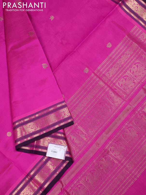 Kanchipuram silk cotton saree pink and purple with zari woven buttas and zari woven border