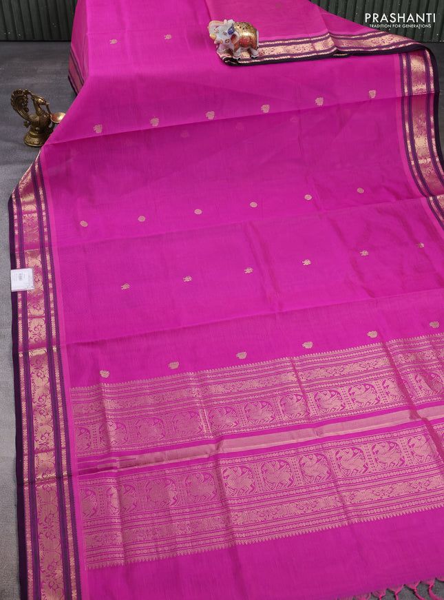 Kanchipuram silk cotton saree pink and purple with zari woven buttas and zari woven border