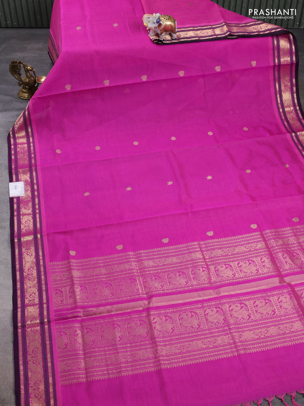 Kanchipuram silk cotton saree pink and purple with zari woven buttas and zari woven border