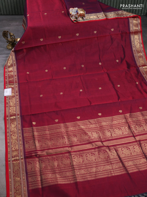 Kanchipuram silk cotton saree maroon and red with zari woven buttas and zari woven border