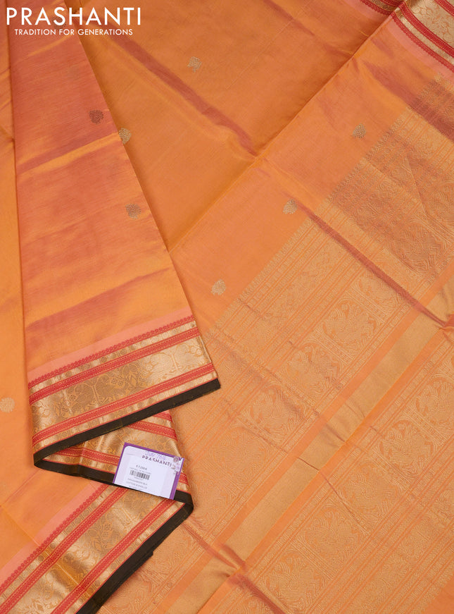 Kanchipuram silk cotton saree pale orange and dark mustard with zari woven buttas and zari woven border