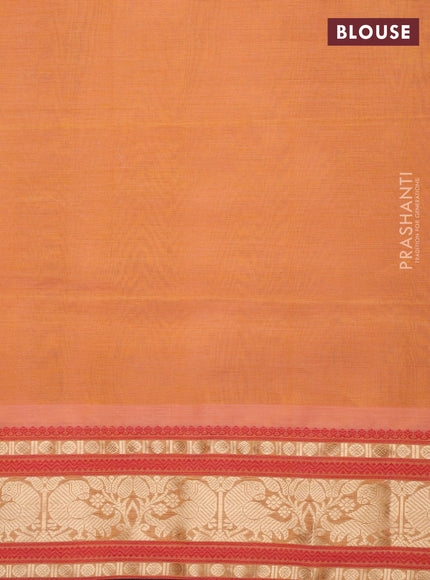 Kanchipuram silk cotton saree pale orange and dark mustard with zari woven buttas and zari woven border