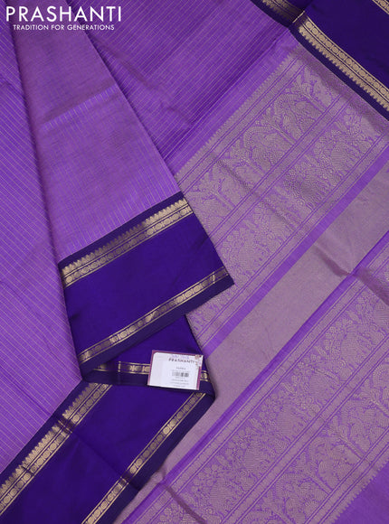 Kanchipuram silk cotton saree lavender and blue with allover zari stripe pattern and rettapet zari woven border