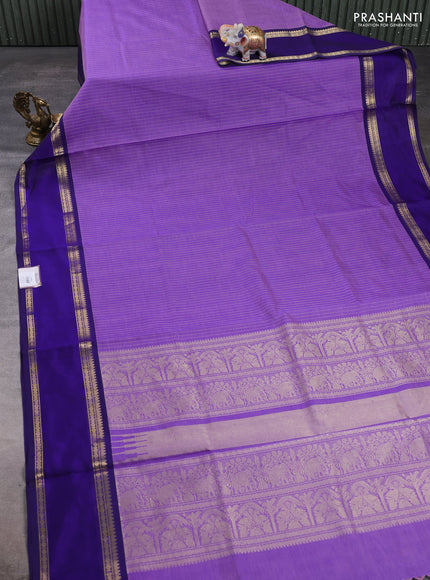 Kanchipuram silk cotton saree lavender and blue with allover zari stripe pattern and rettapet zari woven border
