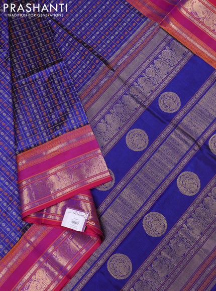 Kanchipuram silk cotton saree blue and pink with allover thread checks & 1000 buttas and rettapet zari woven border