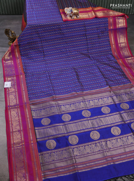 Kanchipuram silk cotton saree blue and pink with allover thread checks & 1000 buttas and rettapet zari woven border