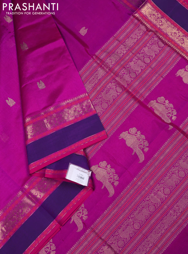 Kanchipuram silk cotton saree magenta pink and purple with annam zari woven buttas and rettapet zari woven border