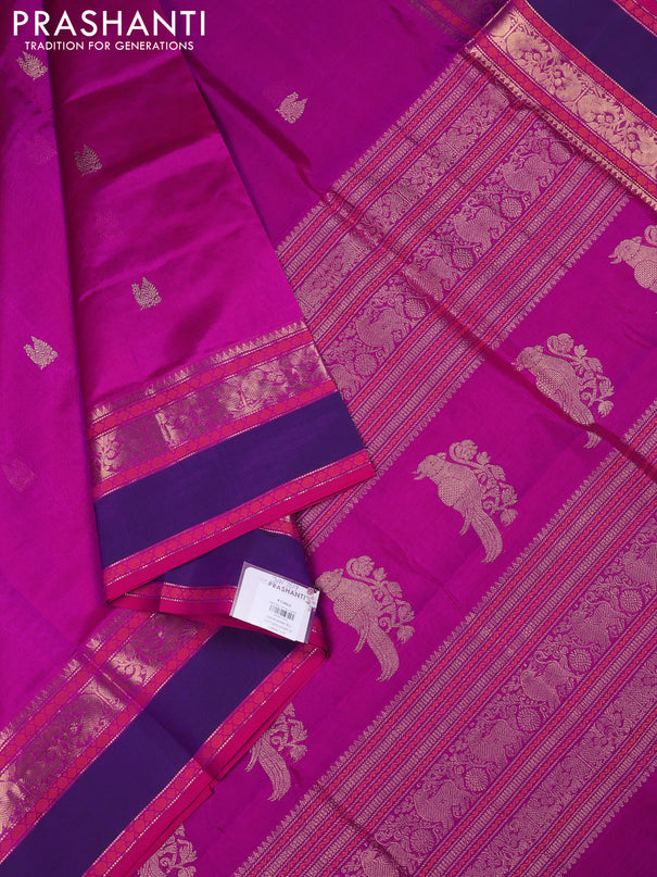 Kanchipuram silk cotton saree magenta pink and purple with annam zari woven buttas and rettapet zari woven border