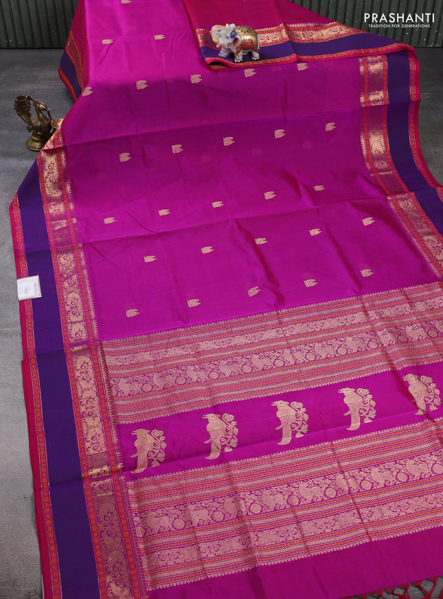 Kanchipuram silk cotton saree magenta pink and purple with annam zari woven buttas and rettapet zari woven border