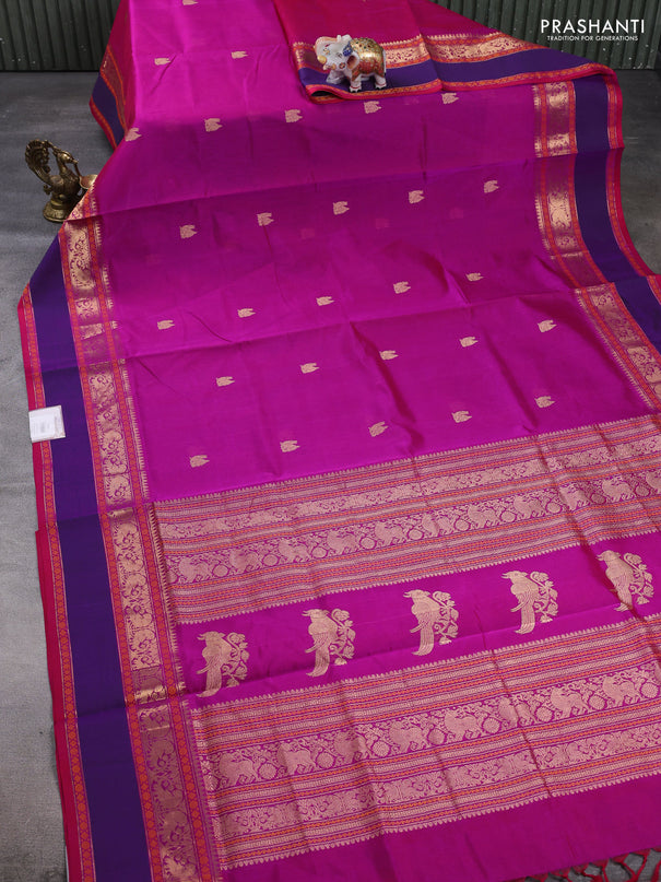 Kanchipuram silk cotton saree magenta pink and purple with annam zari woven buttas and rettapet zari woven border