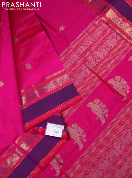 Kanchipuram silk cotton saree pink and purple with annam zari woven buttas and rettapet zari woven border
