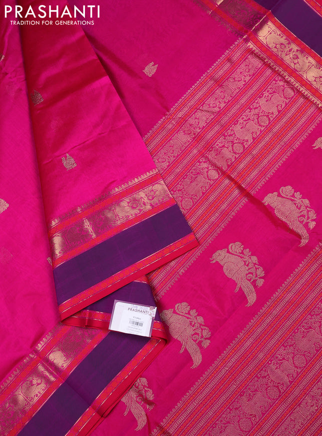 Kanchipuram silk cotton saree pink and purple with annam zari woven buttas and rettapet zari woven border