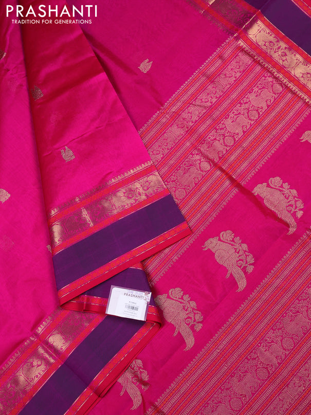 Kanchipuram silk cotton saree pink and purple with annam zari woven buttas and rettapet zari woven border