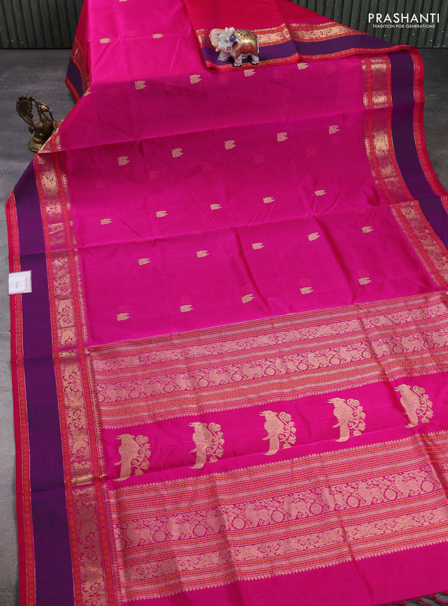 Kanchipuram silk cotton saree pink and purple with annam zari woven buttas and rettapet zari woven border
