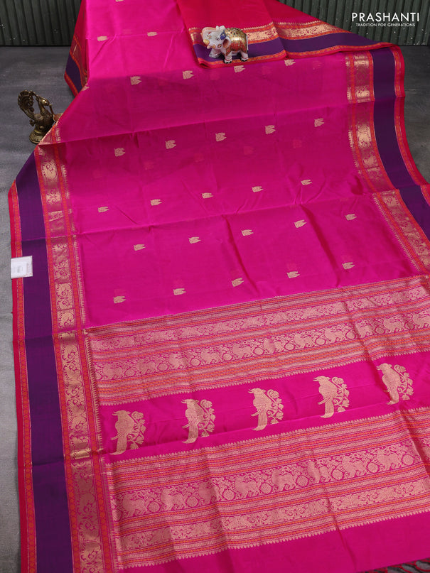 Kanchipuram silk cotton saree pink and purple with annam zari woven buttas and rettapet zari woven border